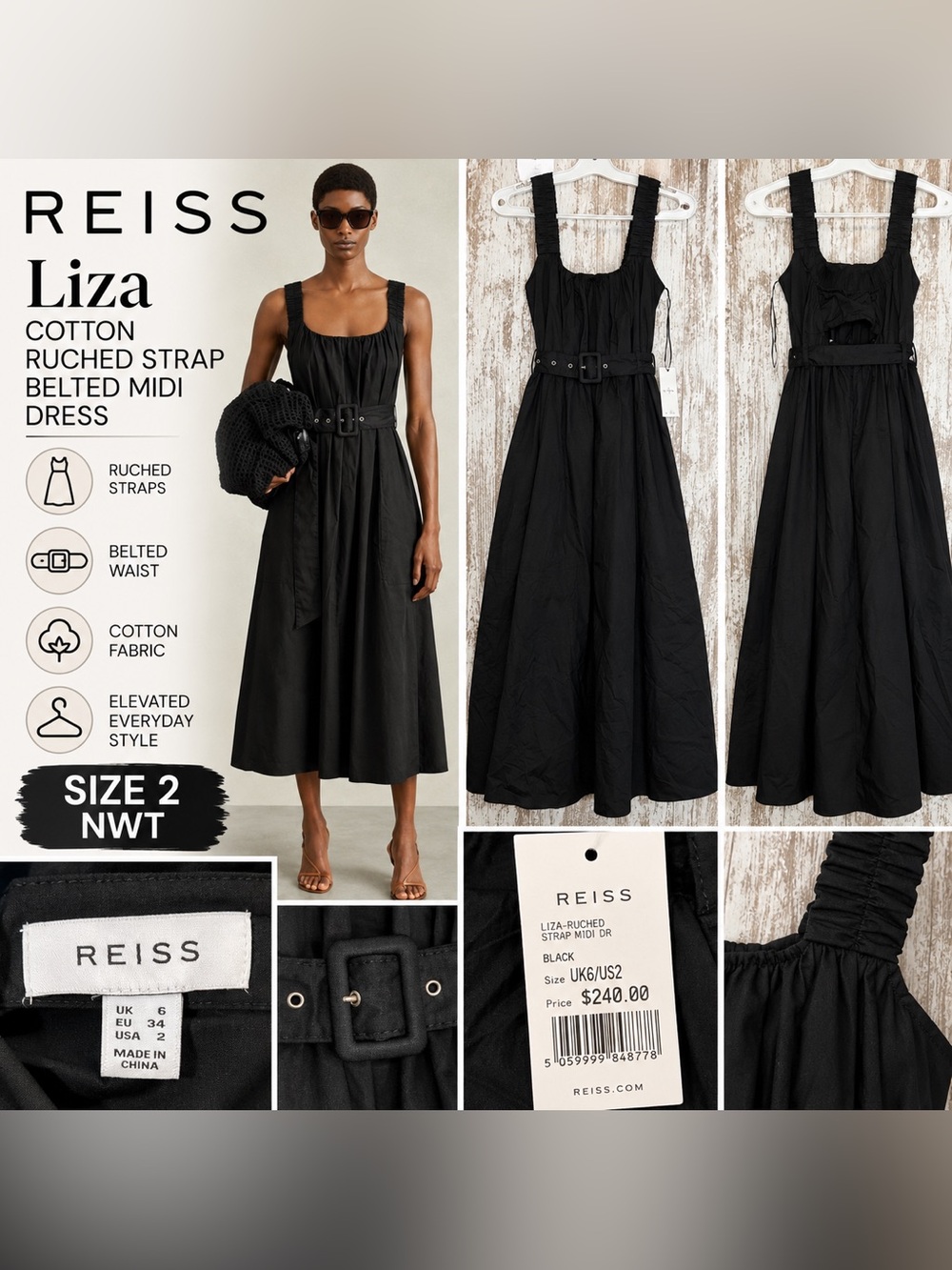 Reiss Liza Cotton Ruched Strap Belted Midi Dress Black Women’s Size 2 NWT